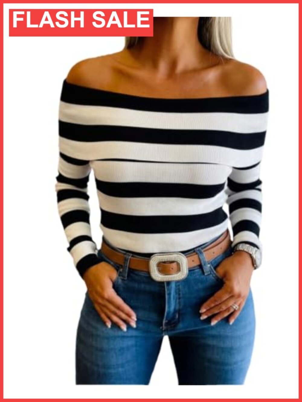 CHICME Off Shoulder Knit Sweater Striped Pullover Slim Fit
